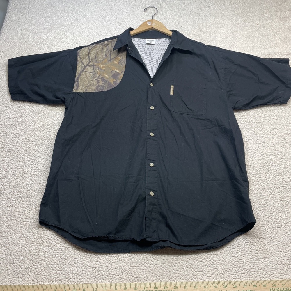 Columbia Button Up Mens L Black HM7188 Camo Shooting Patch Hunting Vented Shirt